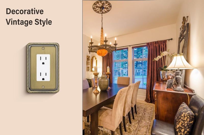 Henne Bery Rope Edge Decorative Wall Plate Switch Plate Outlet Cover (Single Decorator, 2 Pack, Antique Brass) Single Decorator 2PK