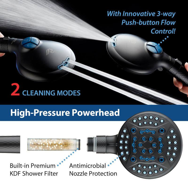 AquaCare High Pressure 6-way Dual Shower Head Combo with Built-in Filter & Power Wash - Clean Tub, Tile & Pets. Remove Chlorine, Lead & Toxins from Water to Protect Skin, Hair, & Nails. Matte Black 2.5 Gallons Per Minute