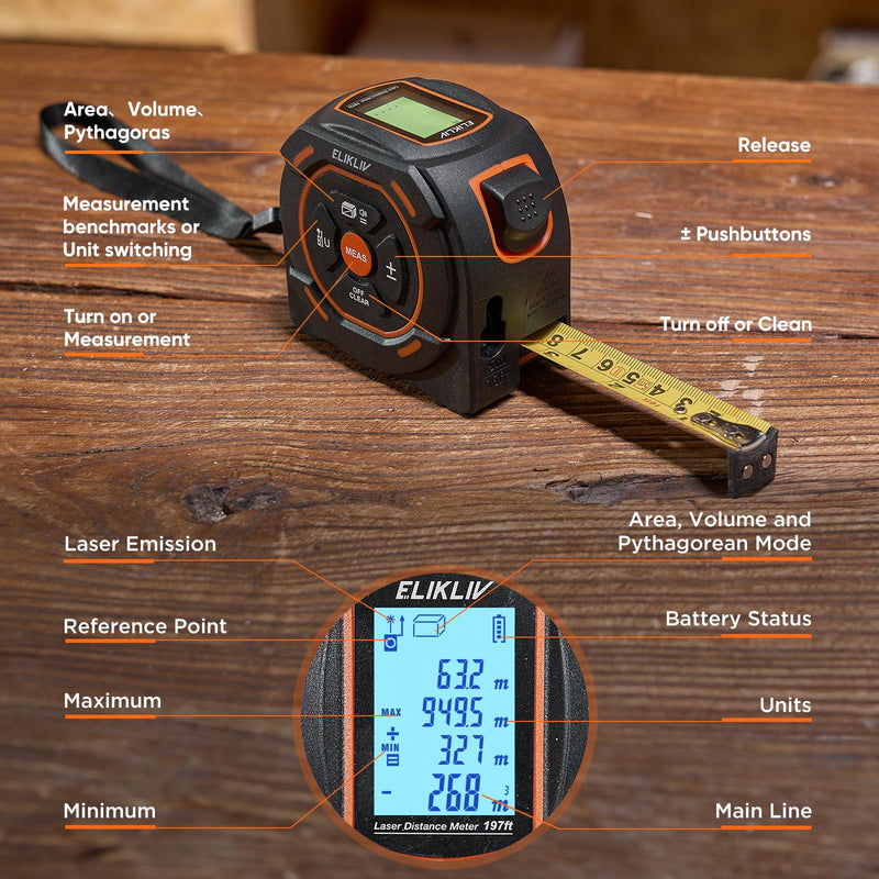 Laser Tape Measure 197Ft Laser Measurement & 16Ft Manual Measuring Digital Tape Measure Support to Pythagorean Mode, Area, Volume, Ft/Ft+in/in/M Unit Distance Meter for Woodworker Tool
