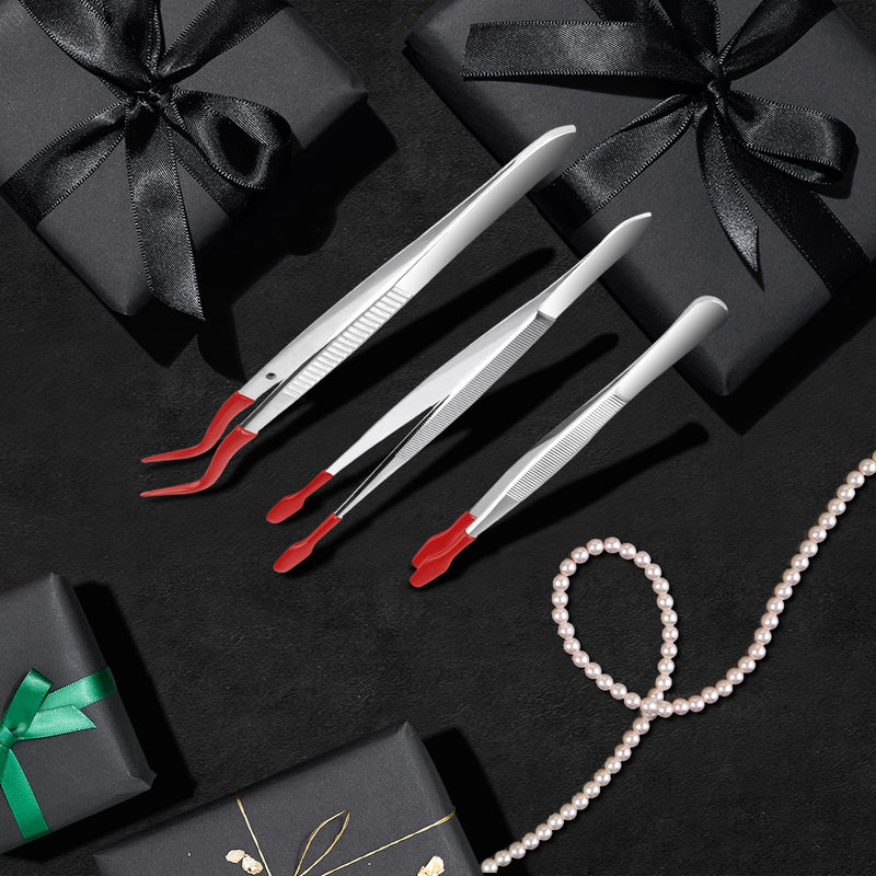 3 Pcs Tip Tweezers with Rubber, Anglekai Non-Marring Silicone Tipped Tweezers Rubber Bent Tip Flat Tweezers, Tweezers for Jewelry Coin Stamp Rubber Tweezers (Red) Red