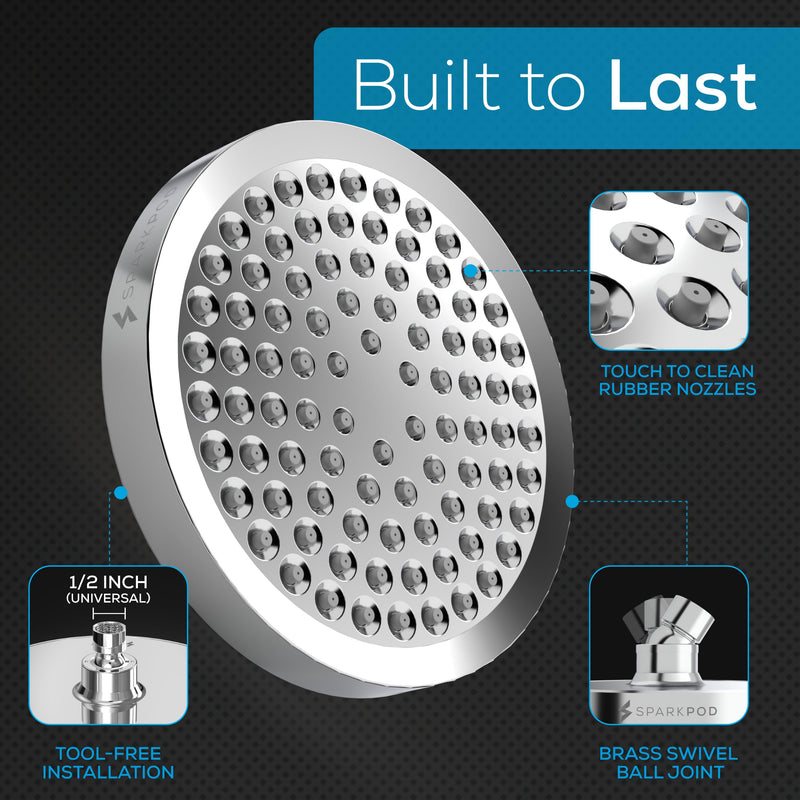 SparkPod Shower Head - High Pressure Rain - Premium Quality Luxury Design - Easy Clean Adjustable Replacement for Your Bathroom Shower Heads (Luxury Polished Chrome, 6 Inch Round) Luxury Polished Chrome