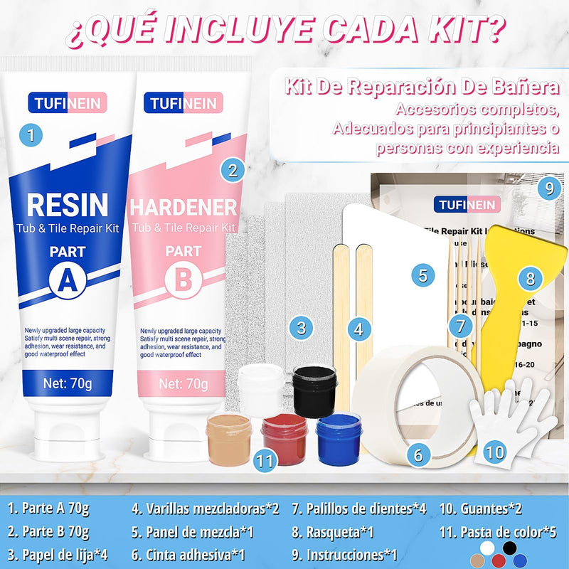 Bathtub Repair Kit 4.94oz (Color Match), TUFINEIN Porcelain Repair Kit for Fiberglass, Enamel, Ceramic, Acrylic Repair and Fix Chips, Cracks, Scratches, Holes on Tub/Tile/Sink/Shower Tray/Shower