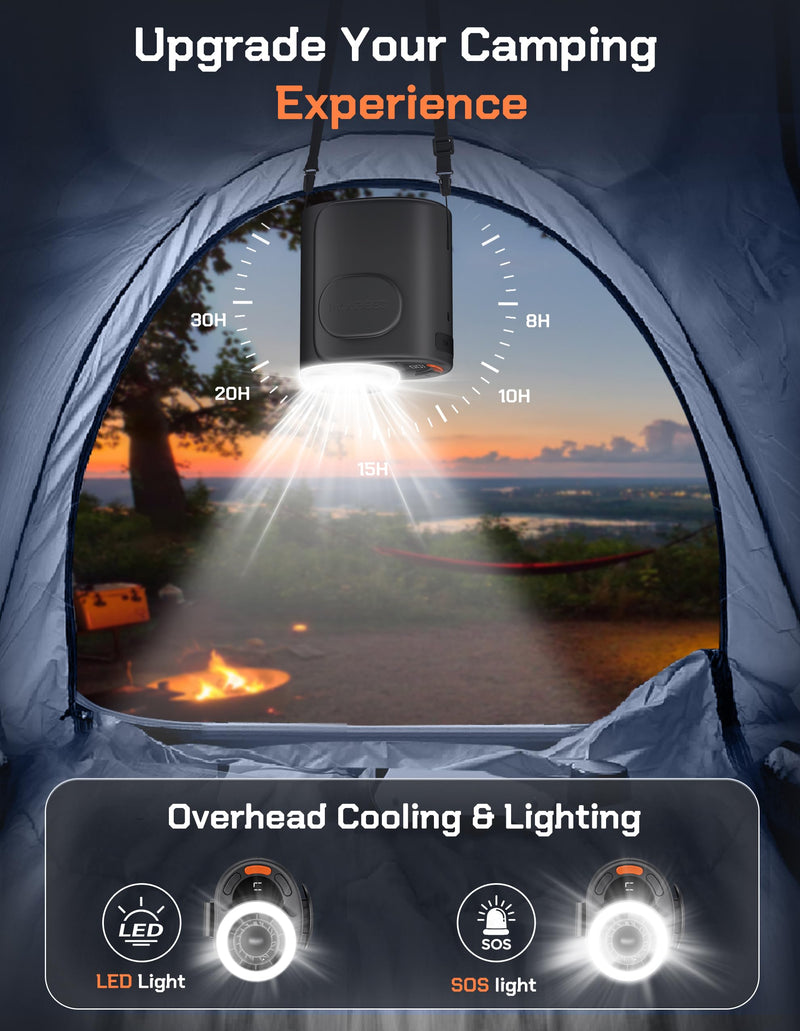 Rugged Portable Fan, 10000mAh Rechargeable Battery, 40H Runtime, 5-Speed Turbo Cooling, Hands-Free Multi-Position Design for Construction, Jobsite, Warehouse, Farm, Camping(Black) Black