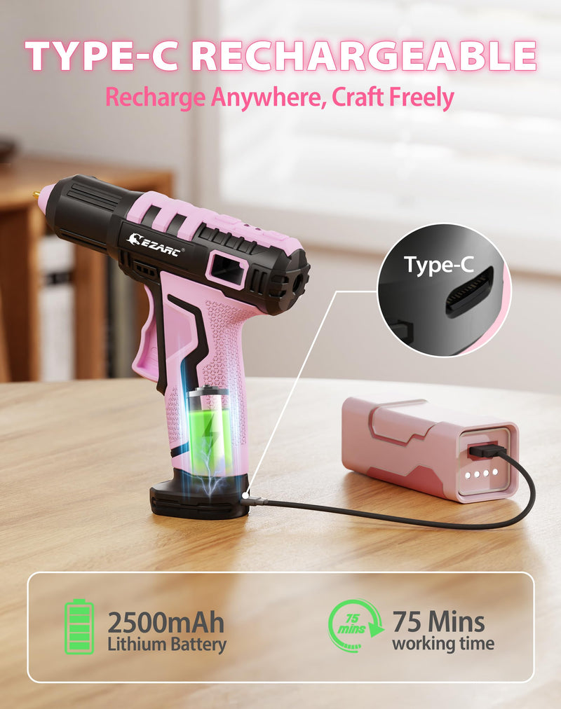 EZARC Cordless Hot Glue Gun, 15s Heating Fast Glue Gun Kit with 30 Pcs Mini Glue Gun Sticks, Automatic-Safety-Power-Off, Built-in 2500 mAh Lithium-ion for Art, Crafts, Decorations, Home Repairs Pink