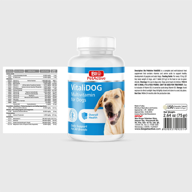 VitaliDOG Multivitamin for Dogs, Skin and Coat Supplement, Dog Prenatal Health Supplies, Vitamin A + E + B9 + B5 + H + Biotin + Amino Acids + Folic Acid for Dogs, 150 Chewable Tablets - PawsPlanet Australia