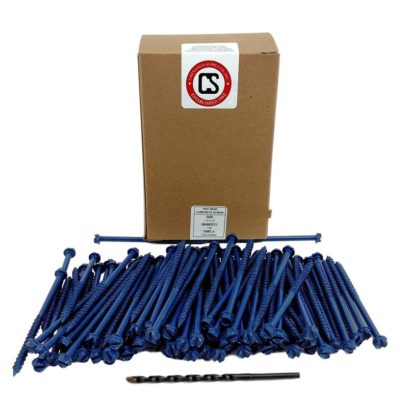 Hex Head Concrete Screw Anchor (1/4 x 4) 100 Pieces with Drill Bit (Miami-Dade Compliant) Chenango Supply