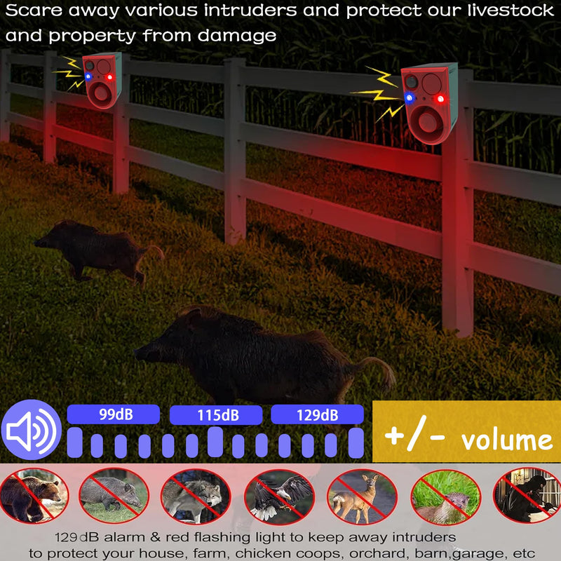 Solar Outdoor Motion Sensor Alarm-Dog Barking&Gunshot Sound, 130db Motion Detector Alarm Light,with Remote Controller,13 Kinds of Sound Red&Blue Strobe Light with USB (± Volume /130dB 1PCS) 911J 1 Pack