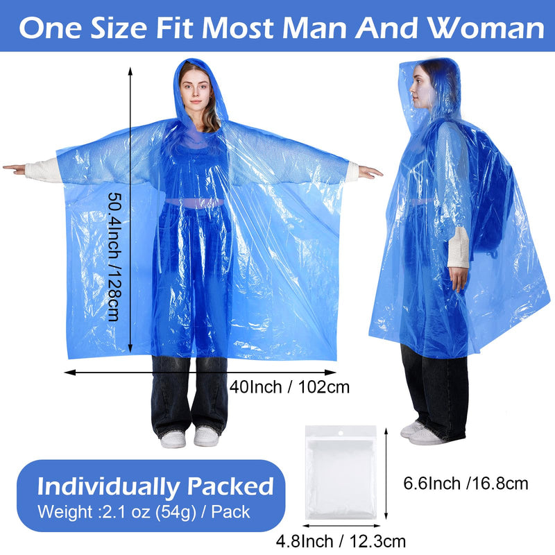 Berlune 40 Pcs Disposable Rain Ponchos Bulk for Adults Emergency Disposable Ponchos Family Pack with Hood Waterproof Raincoat Blue