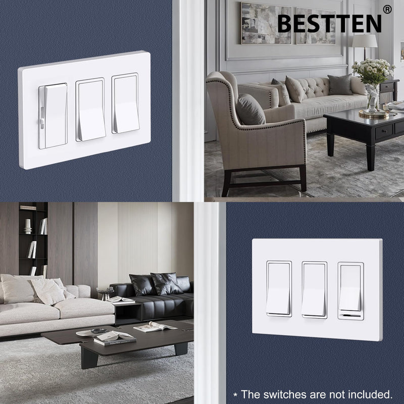 BESTTEN 5 Pack Screwless Decorative Wall Plate, 3-Gang Decorator Outlet Cover, Decor Switch Cover, USWP6 Gloss Snow White, H4.69” x W6.54”, Wallplate for Dimmer, GFCI, USB Receptacle 3 Gang 5PK