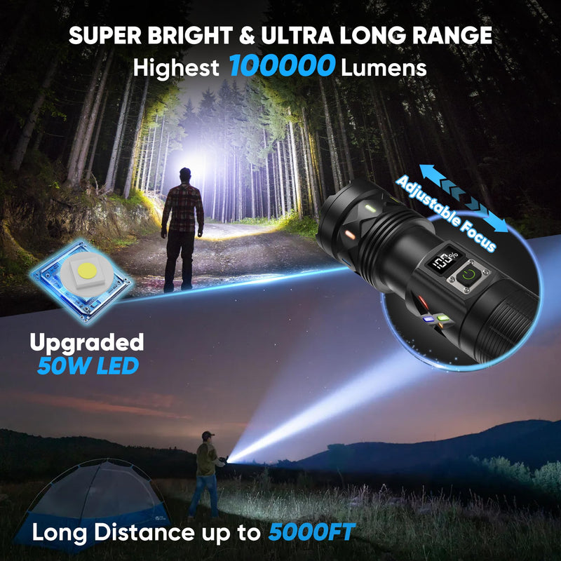 Flashlights High Lumens 100000 Rechargeable, Super Bright 50W LED, Long Running 15 Hours, USB C Input & USB Output, Zoomable 3 Modes, Powerful Strong Flash Light for Home Hiking Camping