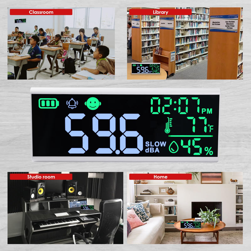 Decibel Meter 13 inches Sound Decibel Meter, Wall Hanging and Desktop Sound Level Meter Large LED Noise Meter Displays Decibel Time Temperature Humidity with Buzzer & Icons Alarm for Classroom Studio