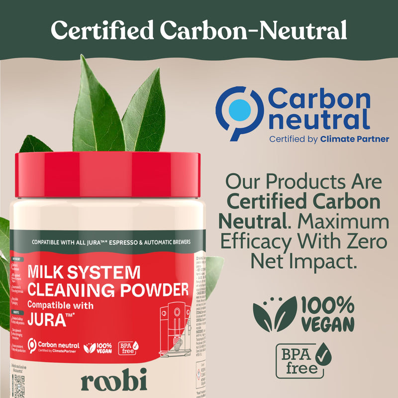 Roobi Compatible Milk System Cleaning Powder for Jura. Specially formulated for Jura Automatic Espresso Coffee Machines. 100% Vegan, Carbon Neutral. Milk Cleaning Powder