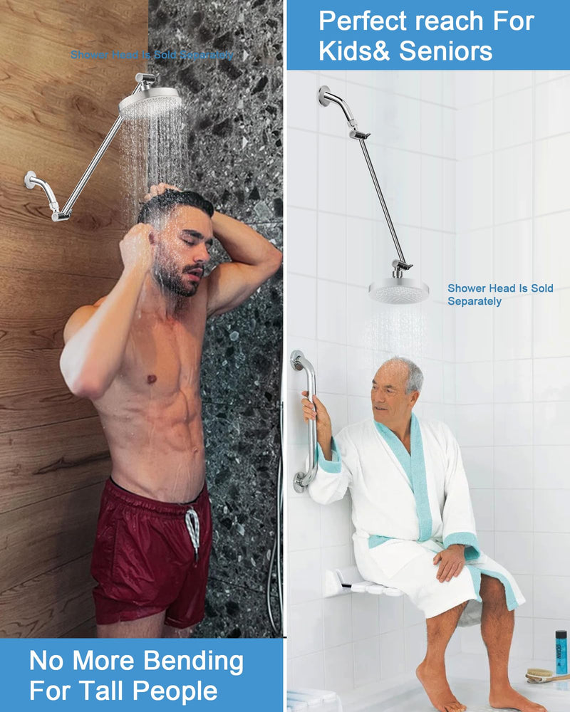 15 Inch Extra Long Adjustable Shower Head Extension Arm With Locking Set Screw, Singing Rain Brass Chrome Angle Height Adjustable, Easy To Install, G1/2 Universal Connector Compatible (Chrome Finish) 15 inch