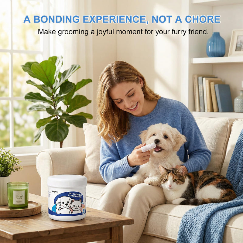 Vet-Recommended Pet Finger Wipes, Coconut Scent 60CT, Triple Clean Dental, Tear Stain & Ear, Freshen Breath & Remove Plaque Tartar, Replace Toothbrush Paste, Friendly to Timid Shy Pets