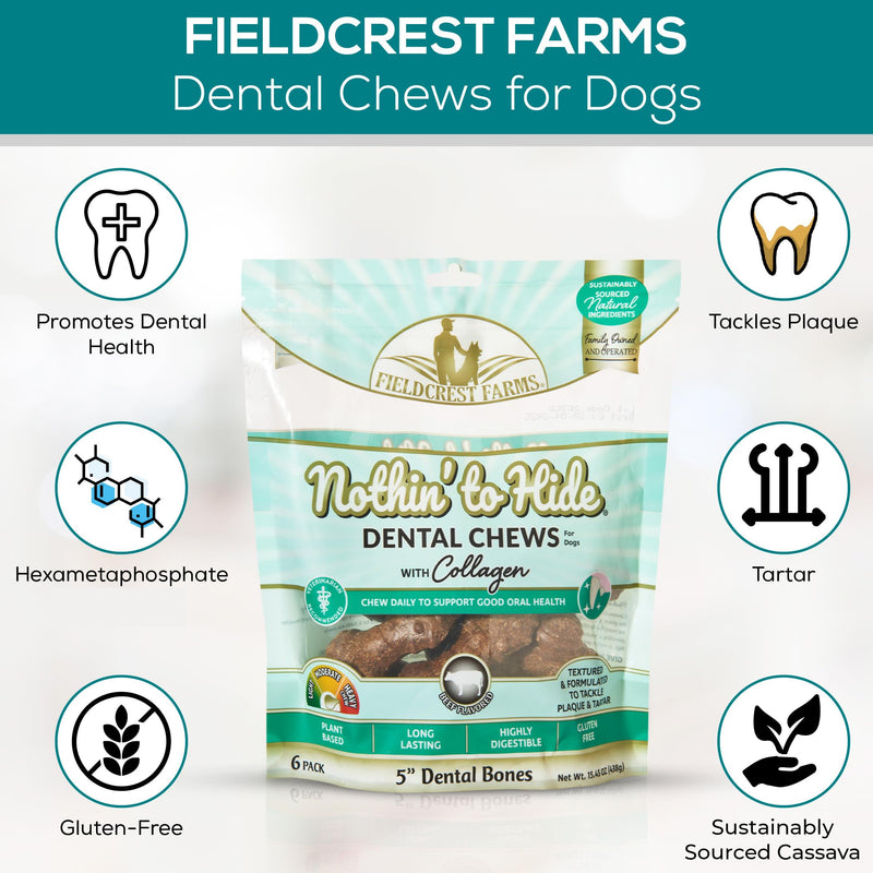 Fieldcrest Farms Nothin’ to Hide Dental Chews with Collagen – 3" Beef‑Flavor Bones, 12‑Pack 1 Count (Pack of 12) Dental Bone