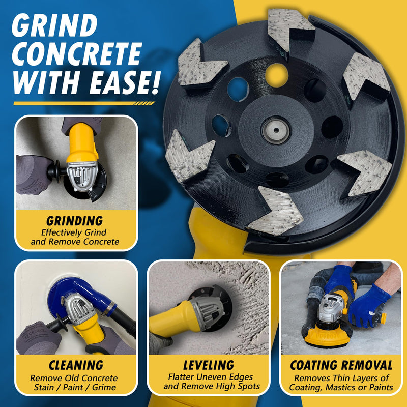 5" High Performance Diamond Grinding Wheels for Concrete, Paint, Epoxy, Mastic, Coating Removal, #30/40 Grit, 6 Arrow Segments, 5/8"-11 Arbor 5" Diameter - 5/8"-11 Threaded Arrow Segments - #30/40 Grit