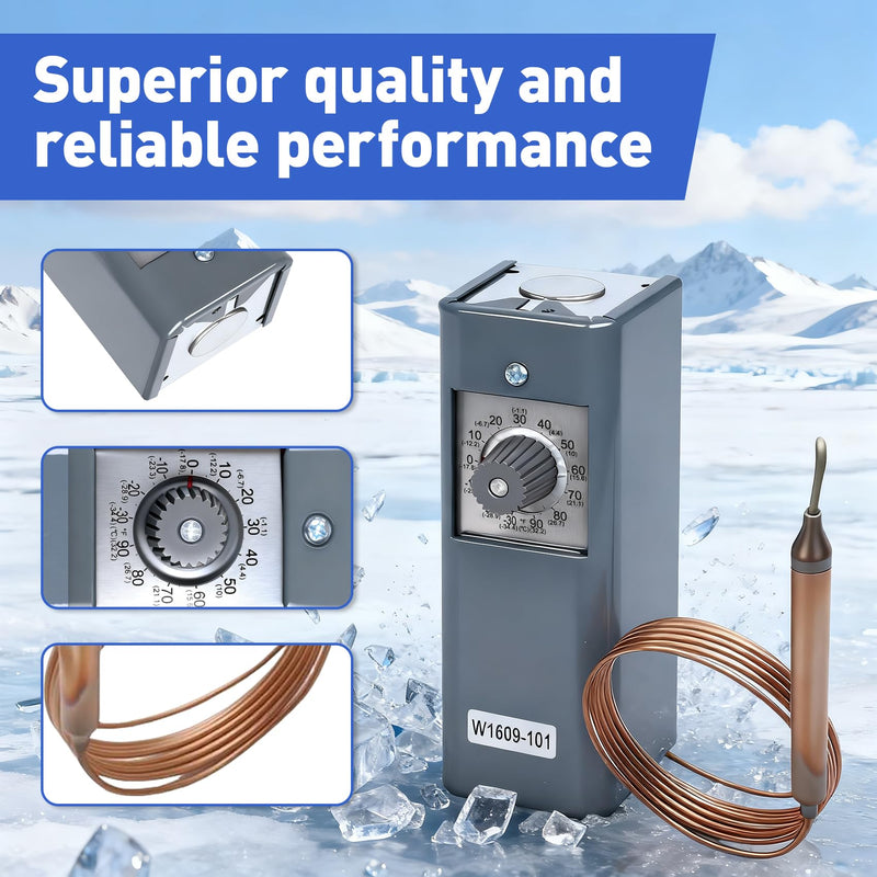 W1609-101 Refrigeration Thermostat Temperature Controller Remote Control Bulb TH-1609, 5FT Capillary Length, -30 to +90 Degrees Fahrenheit, -34 to +32 Degrees Celsius, °C and °F Dual Temperature dial