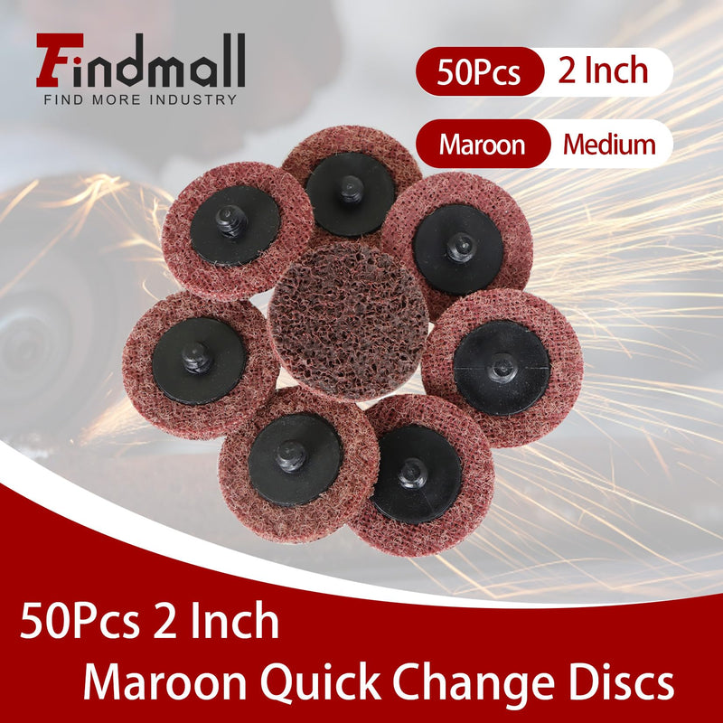 findmall 50Pcs 2 Inch Maroon Quick Change Surface Prep Conditioning Discs, Medium Grit for Cleaning, Finishing and Deburring on All Metals 2 inches