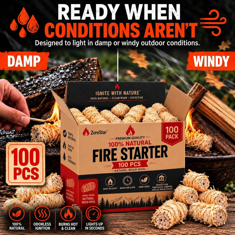 Fire Starters for Woodstoves - XXL Pack of 100 Charcoal and Wood Fire Starters for Quick Ignition - Ideal for Campfires, Fireplaces, Grills, Fire Pits - Reliable Outdoor Fire Starter Kit 100pcs