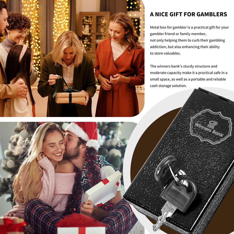 Winners Bank, Metal Box For Gambler, Winner Bank With Key Casino, Mini Lock Box For Gamblers, Gambling Box Portable Safe Casino Money Pocket Sized Cash Box with Key Go Home Money (1Pack) Black