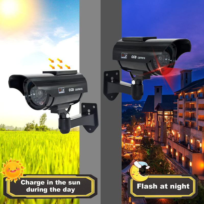 F FINDERS&CO Solar Powered Fake Security Camera, Bullet Dummy Security Camera Surveillance System with Realistic Red Flashing Lights Indoor Outdoor (4 Black)