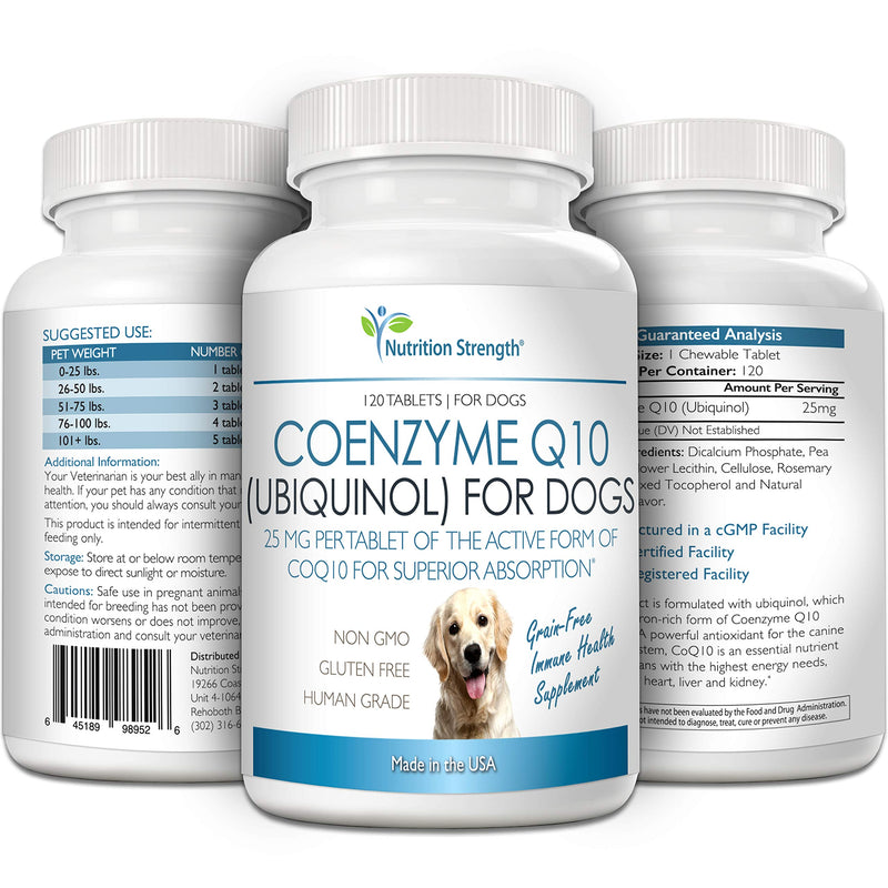 Nutrition Strength Coenzyme Q10 for Dogs Grain-Free Supplement, Ubiquinol - The Electron-Rich Form of CoQ10, Promotes Heart Health, Cognitive and Energy Support for Dogs, 120 Chewable Tablets - PawsPlanet Australia