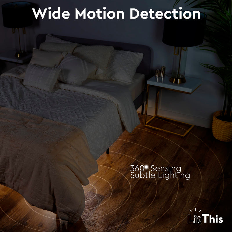 Under Bed Lights Motion Sensor Patented 360° motion activated night light for under bed light. – No Installation, easily positioned, dimmable, auto on/off.