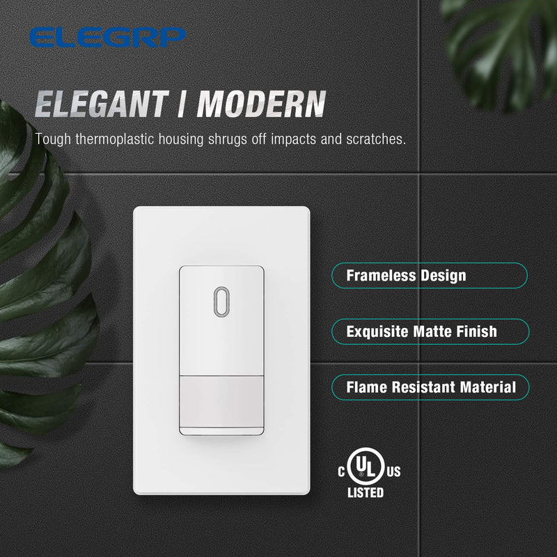 ELEGRP Single Pole Occupancy Motion Sensor Light Switch, PIR Infrared Motion Activated Switch, Need Grounding Wire, No Neutral Wire, for CFL/LED/Incandescent, with Plate, UL(2 Pack, Matte White) 2 Pack