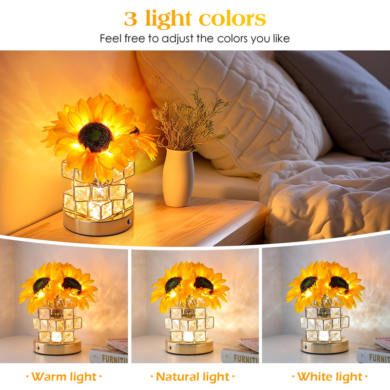 Sunflowers Flower Lamp,Rechargeable Cordless Touch Table Lamp,3-Colour Infinitely Dimming Battery Powered Small Night Light,Gifts for Women Mom for Valentine Day,Mothers Day,Xmas,Birthday
