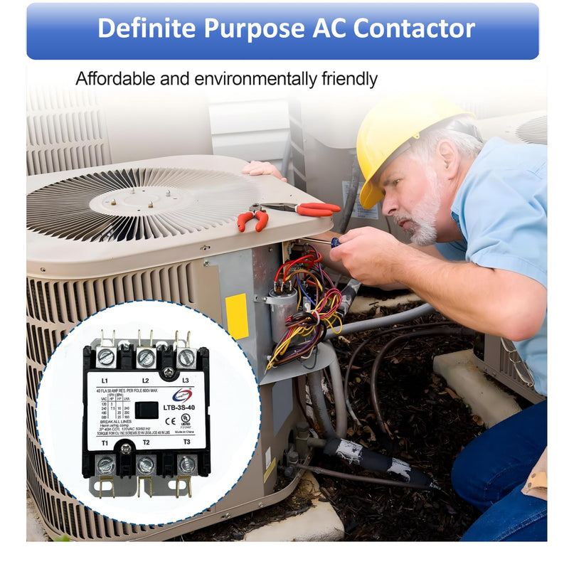 Long Term 3 Pole 40 Amp 120V Coil Definite Purpose Air Conditioner Contactor AC Compressor Contactor Air Conditioner Condenser 3P-40A-120V