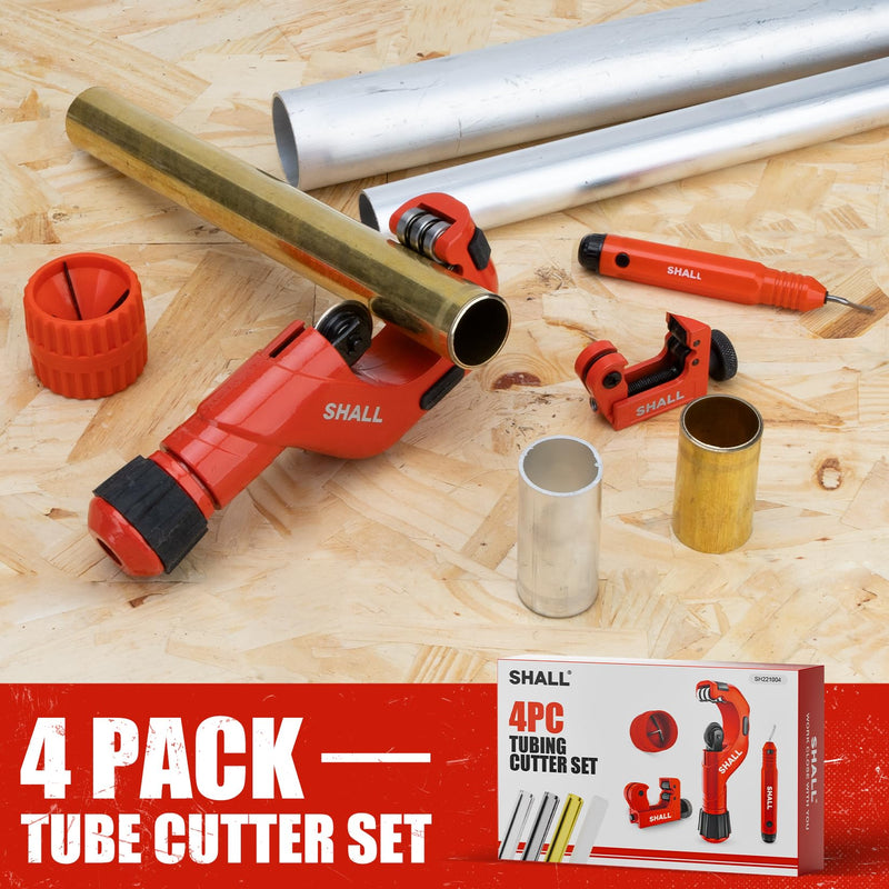 SHALL 4-Piece Tubing Cutter Set, 1/4’’ to 2’’OD Heavy Duty Copper Pipe Cutter, 1/8’’ to 7/8’’ Mini Tube Cutter, Deburring Tool & Inner Outer Pipe Reamer for Copper, Aluminum, Stainless Steel, PVC Pipe