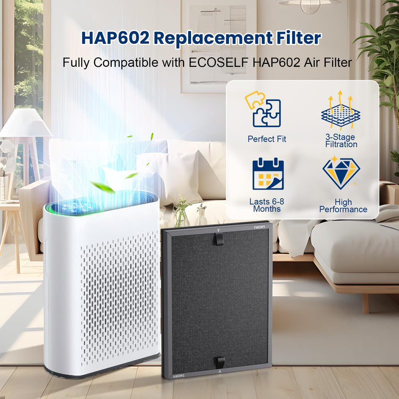 4 Pack HAP602 Replacement Filter for ECOSELF HAP602 & HAP602WF Air Purifier Black-4 Pack