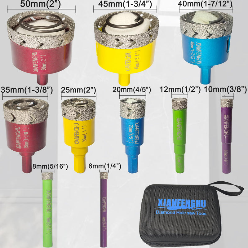 Diamond Hole Saw Kit Set 10PCS 1/4" to 2" Diamond Core Drill Bits for Porcelain Tile Ceramic Granite Stone Marble and More Drilling