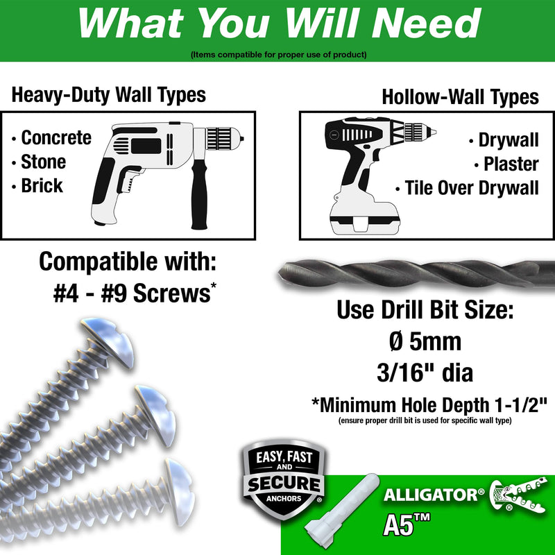 TOGGLER ALLIGATOR A5 Screw Anchor, Plastic, 3/16" Diameter, 15/16" Length, #4 to #9 Threads, Pack Of 200