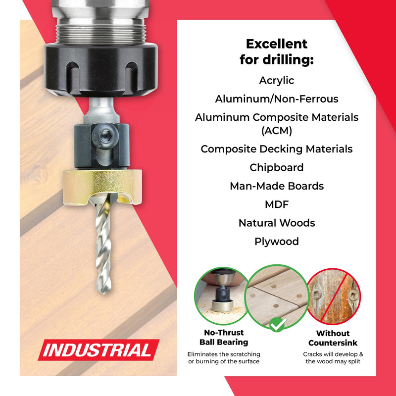Amana Tool 82 Degree Countersink with Drill Bit Depth Stop and No-Thrust Ball Bearing, 55244, 1/2 D x 1/4 Drill Dia x 10mm Round Shank