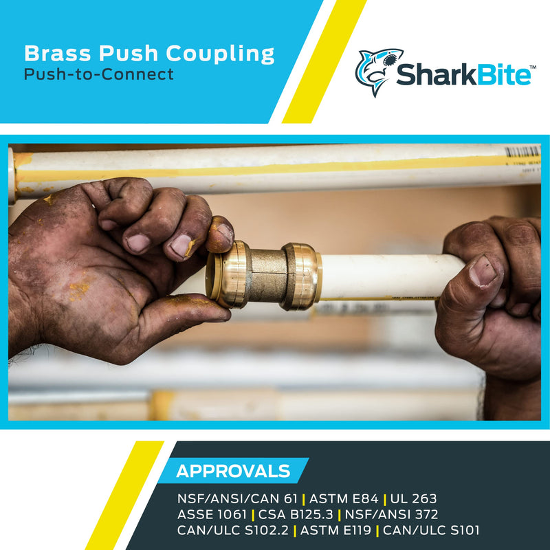 SharkBite 3/8 inch Coupling, Pack of 6, Push to Connect Brass Plumbing Fitting, PEX Pipe, Copper, CPVC, PE-RT, HDPE, U006LF 3/8 in., 6 Pack