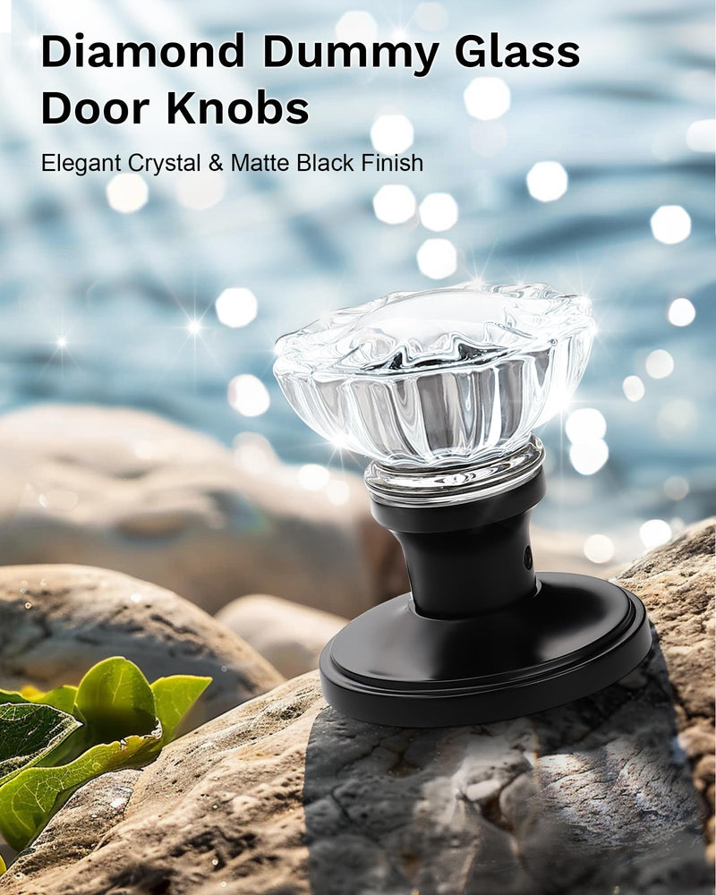 KNOBWELL 3 Pack Dummy Glass Door Knobs Interior with no Lock, Decorative Crystal Door Knobs Inside, Modern Glass Door Knob Inside in Matte Black Finish