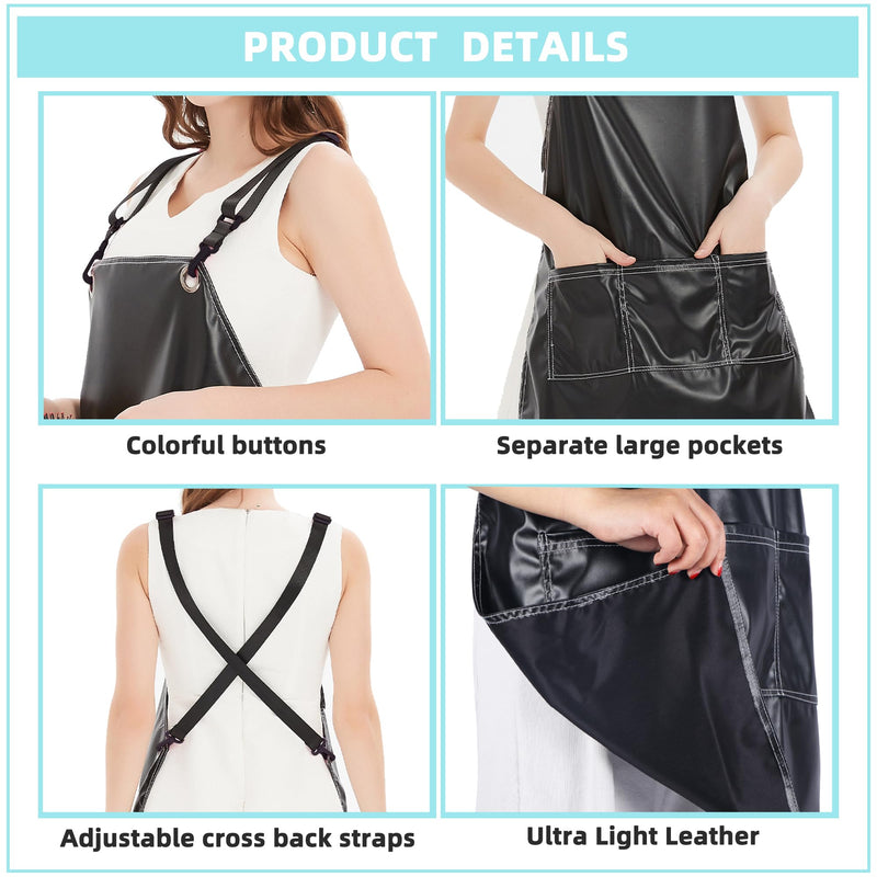 PU Leather Waterproof Aprons Cross-Back Adjustable With Pockets Hair Salon Work Apron for Hair Stylist Super Light Black+black Buttons