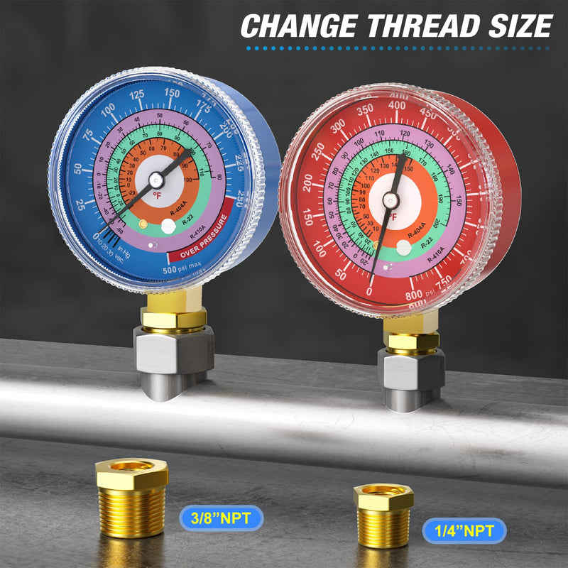 MEANLIN MEASURE Refrigeration Pressure Gauge, 1/8" NPT, 30 in HG to 250Psi and 0-800Psi, 2-3/4" Dial, R-404A, R-22, R-410A, Degree F, with 1/4" NPT and 3/8" NPT Hex Bushing, Lower Mount Red & Blue Dial