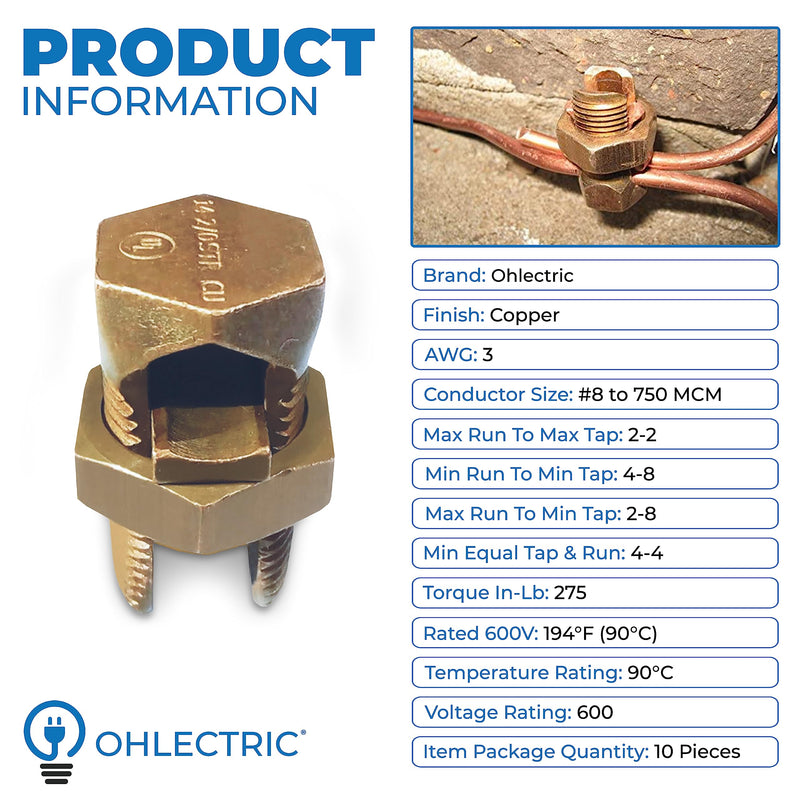 OHLECTRIC High Conductivity Hex Head Copper Split Bolt Connectors for Direct Burial - Wire Size 3 AWG, Perfect for Contractors and Electricians- OL-45519, Pack of 10