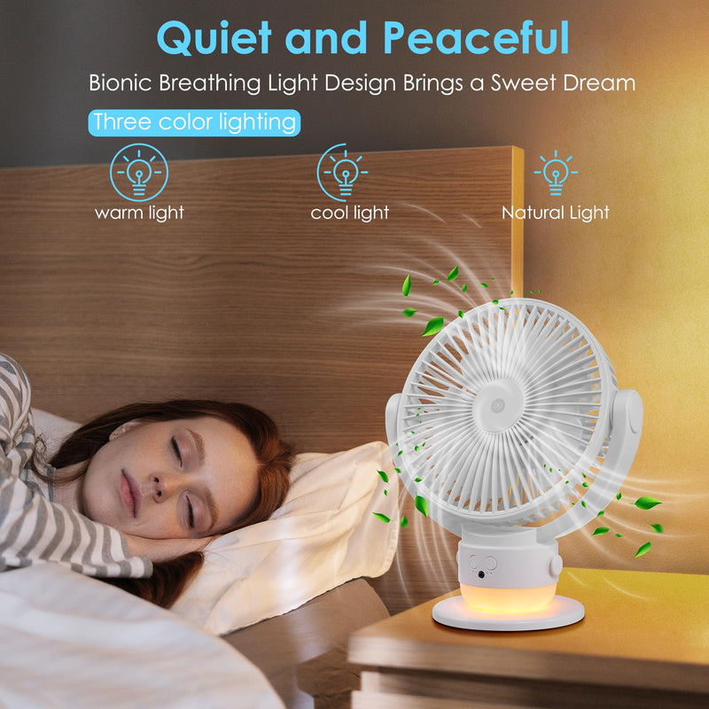 OGZ Portable Fan for Travel Wireless with Remote Timer, 7 Inch Small Desk Fan with LED Night Light 90° Oscillation, Rechargeable USB Fan for Cruise Bed Beside Sleeping Camping Tent White