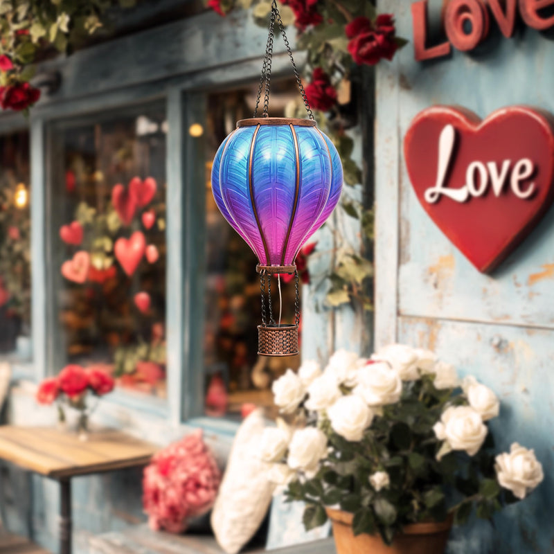 TERESA'S COLLECTIONS Hot Air Balloon Solar Lantern for Garden Decor Halloween Christmas Party,Flickering Flame Hanging Solar Light for Outdoor ,Blue & Purple Plastic Lamp for Yard Tree,Gift for Mom Blue & Purple