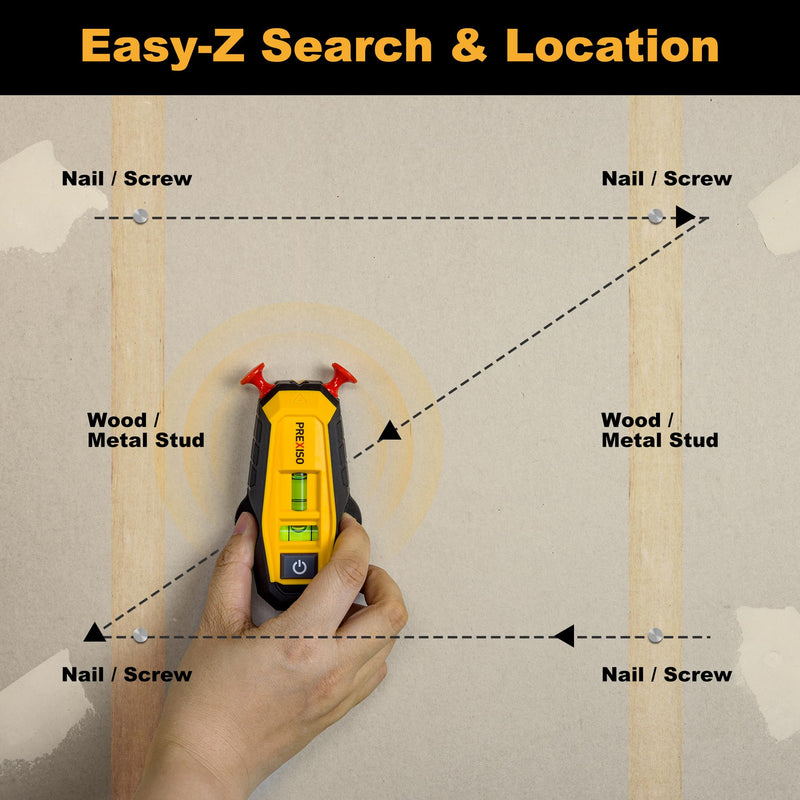 PREXISO 2-in-1 Line Laser Level with Magnetic Stud Finder, Compact Wood & Metal Detector with Bubble Vials for Accurate Markings, Multi Surface Wall Scanners Tool for Hanging Frames & Pictures