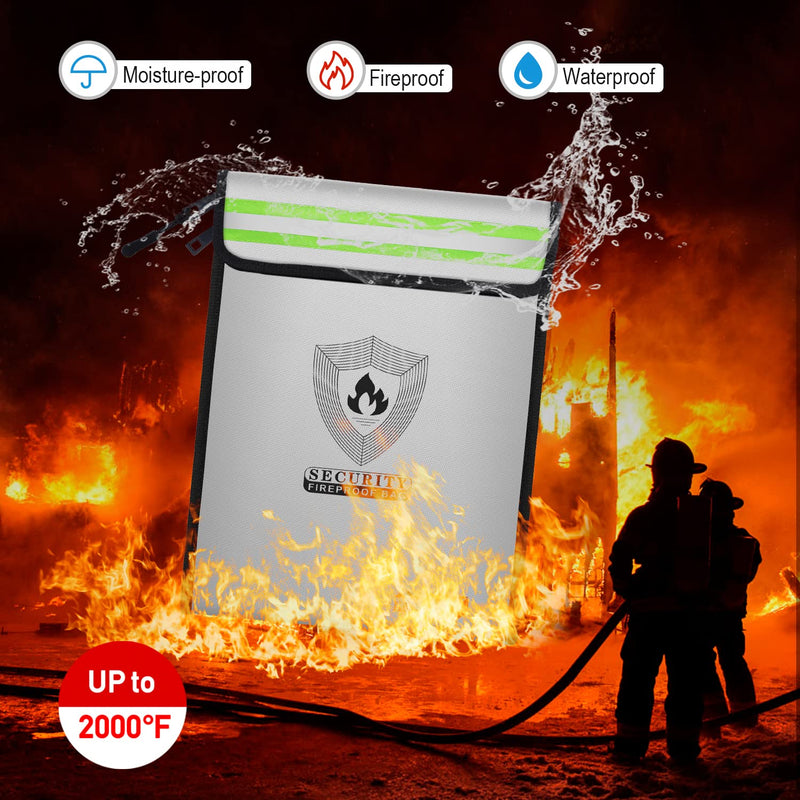 Upgraded Fireproof Document Bag (15.5”x 11.8”) with Reflective Strip, 2 Pockets Fireproof Money Bag Metal Zipper & Strap Fireproof Bag for Documents, Cash,Passport,Jewelry,Valuables Upgraded