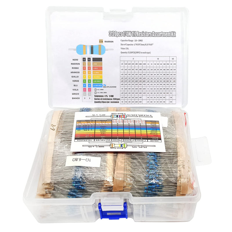 3120pcs 156 Values Metal Film Resistor Kit Minidodoca 1 Ohm-10M Ohm 1/4W 0.25 watt ±1% Tolerance Fixed Resistors Assortment Kit RoHS Compliant 100 1000 1k 10k 100k ohm Resistor Pack for DIY Projects 1/4 watt-156 values-3120pcs