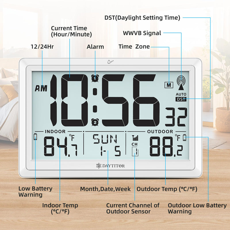 Atomic Clock Wall with Indoor/Outdoor Temp, Battery Operated Digital Wall Clock with 10.5" Large LCD Display, 330ft Range Desk Table Clock with Alarm, DST, Calendar for Living Room Bedroom, White