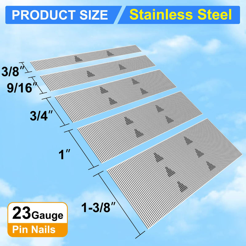 23 Gauge Stainless Steel Pin Nails Headless Pinner Nails (3/8",9/16",3/4",1",1-3/8") Assorted 5 Sizes for Molding Cabinetry Building Assembly (5000) 5000