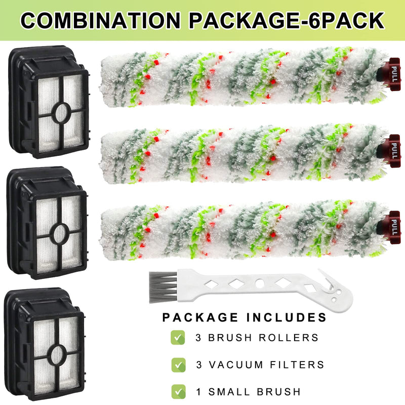 Crosswave Brush Roll Replacement and 1866 Replacement Filters for Bissel CrossWave 2306A CrossWave 1785 Series Vacuum (3 Pack 2460 Multi-Surface Brush Rolls & 3 Pack 1866 Vacuum Filters) 3+3 GREEN