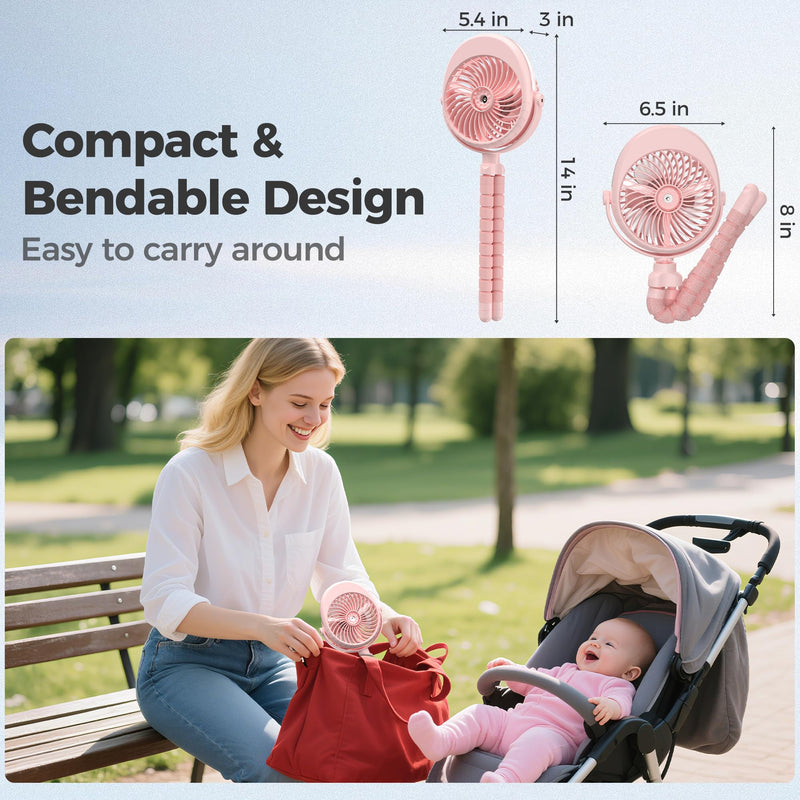 2025 Upgarded 4000mAh Misting Baby Stroller Fan, Rechargeable Battery Operated,Max 15Hrs Cooling,50ml Portable Water Sprayer Misting Fan with Flexible Tripod Clip on Car Seat Crib Treadmill Bunk Bed Pink
