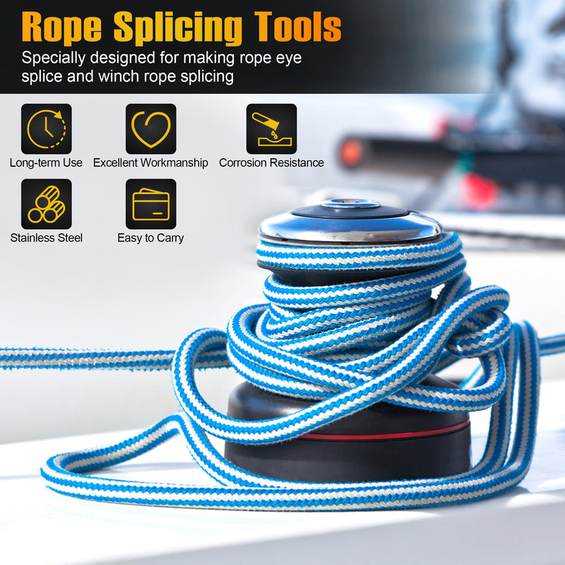Rope Splicing Tool Kit, 5 Sizes (1/4", 5/16", 3/8", 7/16", 1/2") Stainless Steel Splicing FIDs with Brass Handle, Push Rod & Storage Pouch, for Marine and Rope Work